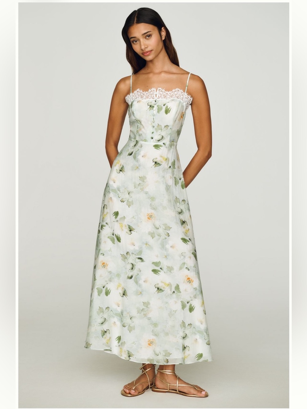 Anthropologie Mare Mare Green Floral Lace-Trim Maxi Dress
